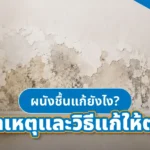 ผนังปูนที่มีคราบน้ำเป็นวงปัญหาจากผนังชื้น